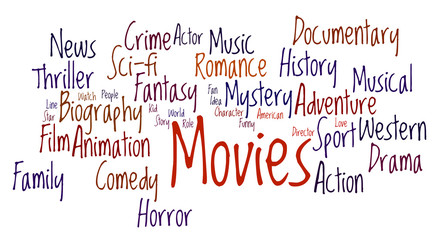Movies word cloud. Movies typography background. 
