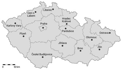 Czech republic administrative map. Regions, capital city and regional cities on the map with scale.