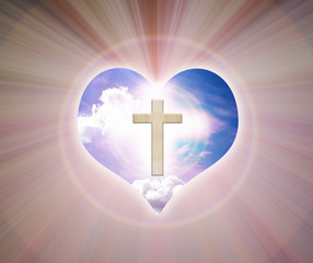 Crucifix and light on heart background