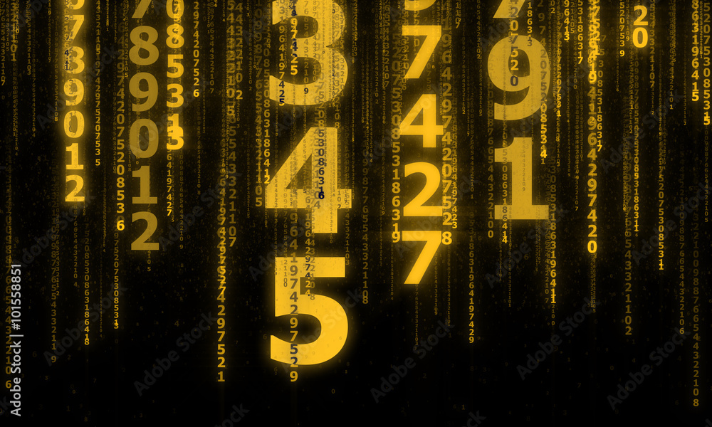 Poster the cyberspace with many sparkling falling lines numbers, abstract background with yellow digital li