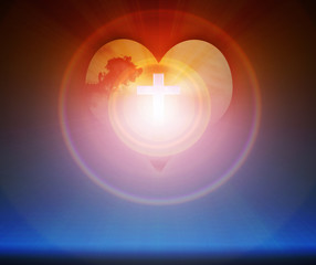 Crucifix and light on heart background