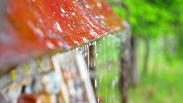 Cottage roof under heavy rain