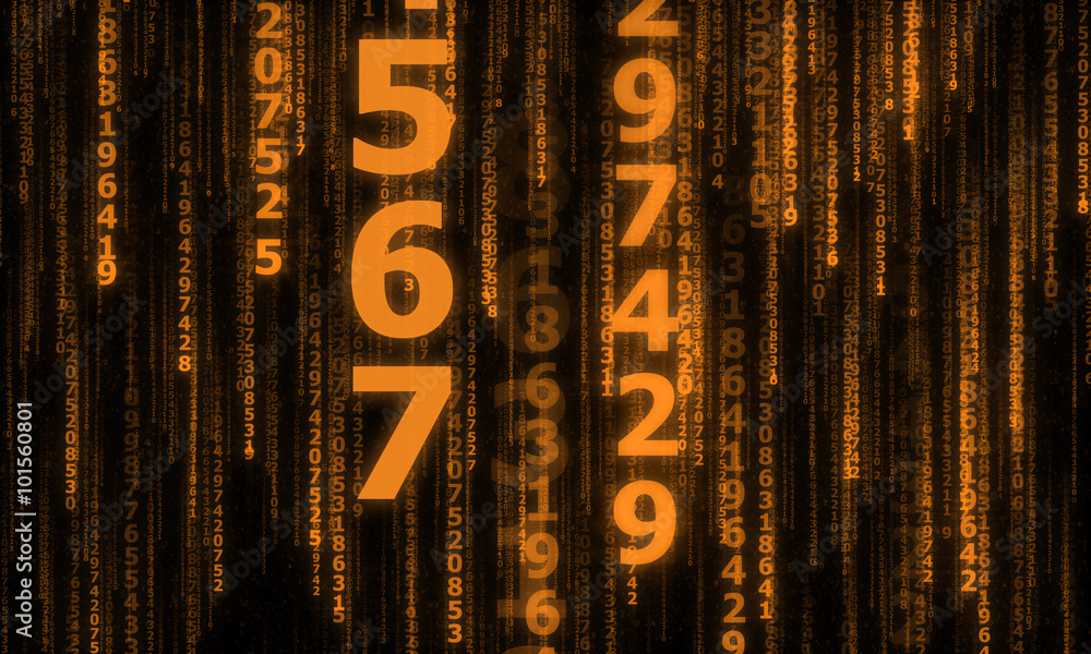 Poster the cyberspace with many sparkling falling lines numbers, abstract background with orange digital li