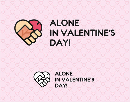 Flat linear illustration - valentine's day alone, heart, hand, dick, masturbation