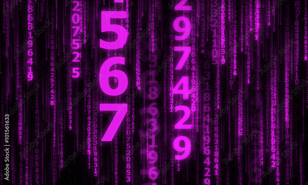 Poster the cyberspace with many sparkling falling lines numbers, abstract background with purple digital li