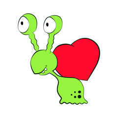 Valentine love monster green snail with red heart. Isolated cartoon illustration.