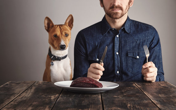 Man with his dog sit in front of steak