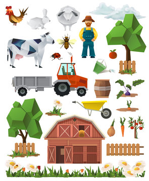 Farm, low poly set of vector icons
