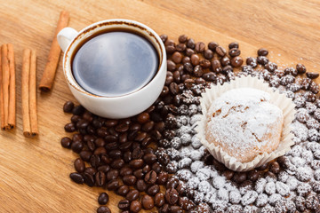 Coffee cupcake, coffee beans overhead view