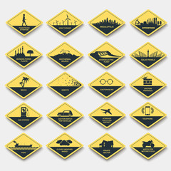 set of signs of attention, caution and danger