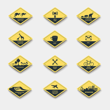 set of signs of attention, caution and danger