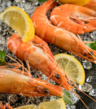 Cooked prawns served on black stone