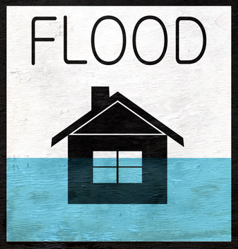 flooded home graphic design with rising water on wood grain texture