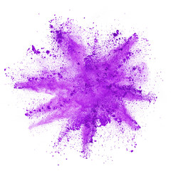 Explosion of purple powder on white background