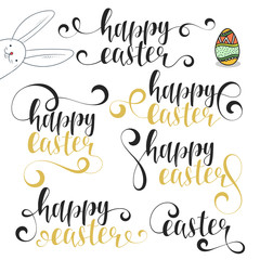 Lettering calligraphy set. Happy easter. Calligraphic phrases Easter with bunny