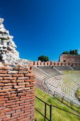 Section of the upper perimetral wall of the greek theater and its bleachers, Taormina, Sicily