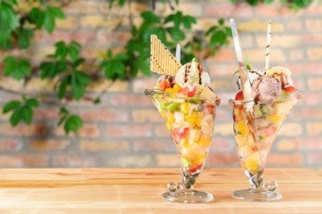 Fruit salad in the glass cups