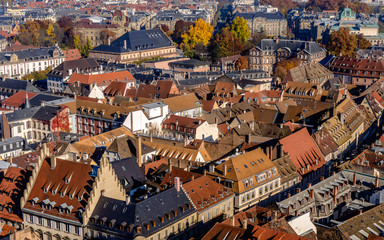 Fototapeta na wymiar Vivid medieval house roofs covered with traditional red and orange tiles in Strasbourg city