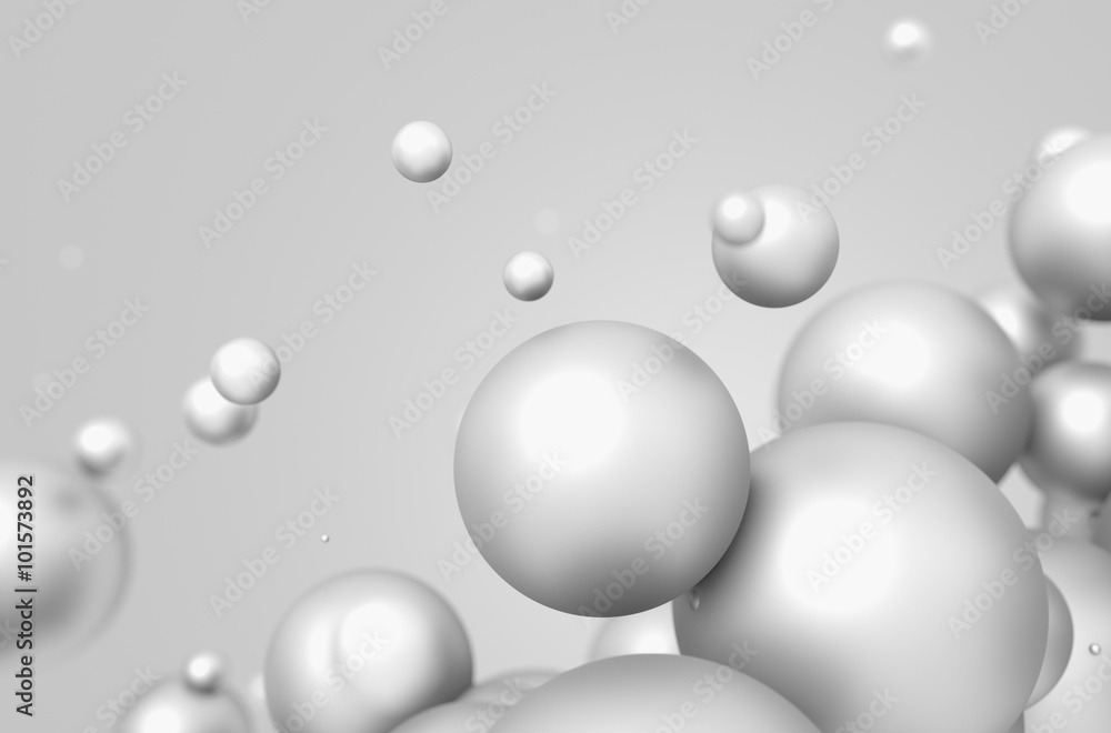 Poster abstract 3d rendering of flying spheres.