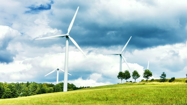 Country landscape with wind turbines. Ecological concept 