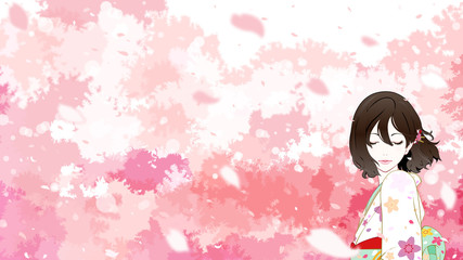 着物の女性と桜　目を閉じる