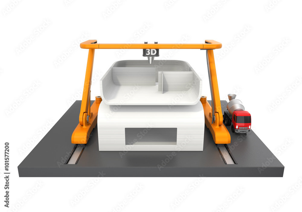Poster front view of 3d printer printing house isolated on white background. clipping path available.