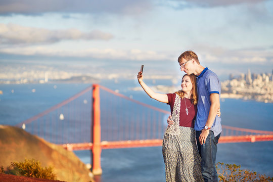 Romantic loving couple making selfie in San Francisco