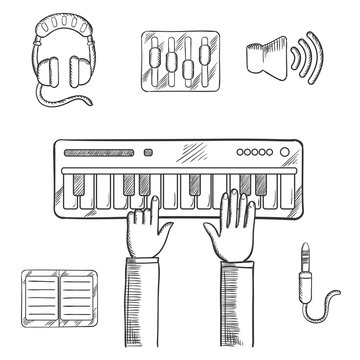 Sound recording and music icons sketch