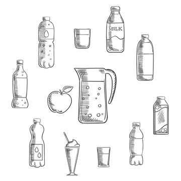 Beverages and drinks sketches set