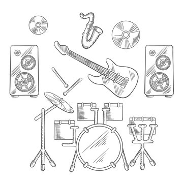Musical band instruments sketches set