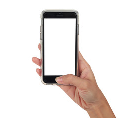 Female hand holding vertical smart phone, use clipping path