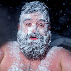 Crazy Russian man ran out of the bath in the snow