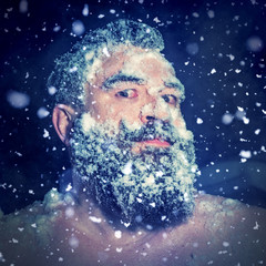 Fototapeta na wymiar Crazy Russian man ran out of the bath in the snow