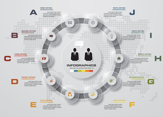 Infographic design template and business concept with 10 options, parts, steps or processes. Can be used for work flow layout, diagram, number options, web design.