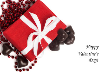 Tag happy Valentine's Day with red present box with white ribbon