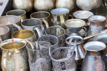 Metal various cups and glasses