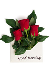 Tag Good Morning with bouquet of red roses in envelope