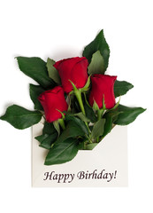 Tag Happy Birthday with bouquet of red roses in envelope
