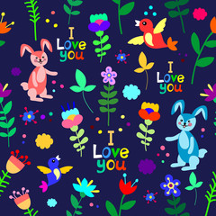 Seamless cute beautiful pattern with bunnies and flowers. Textile, background, texture