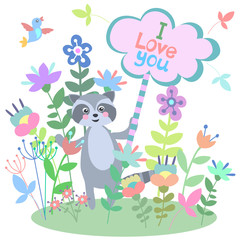 Naklejka premium Cute raccoon with flower background and plate with empty space for text. Greeting card, invitation, wedding, Valentines Day