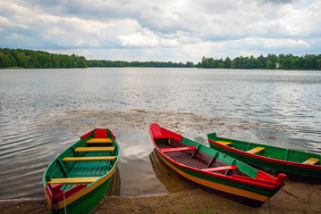 Fototapeta premium Boats by the lake, Trakai, Lithuania