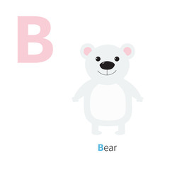 Letter B Bear white polar Zoo alphabet. English abc letters with animals Education cards for kids Isolated White background Flat design