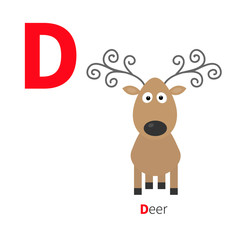 Letter D Deer Zoo alphabet. English abc with animals Education cards for kids Isolated White background Flat design