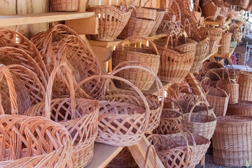 Many different baskets of birch bark