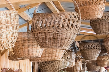 Many different baskets of birch bark