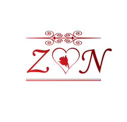 ZN love initial with red heart and rose