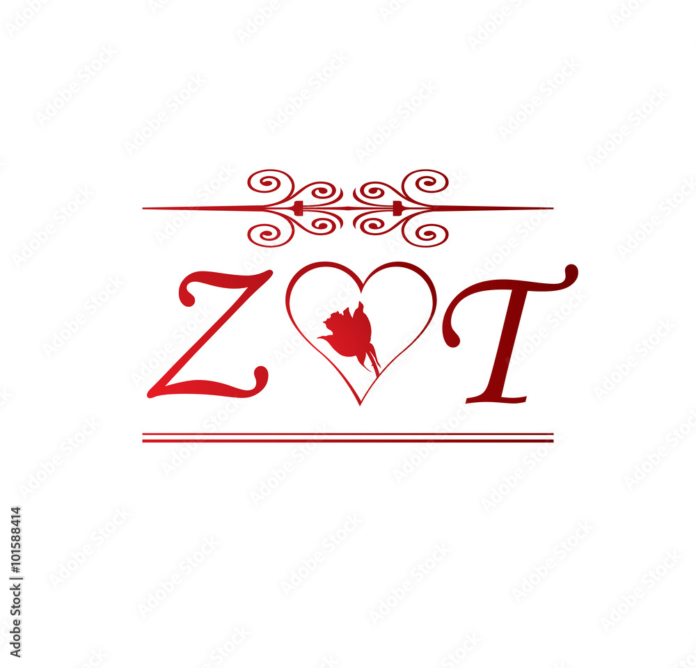 Sticker zt love initial with red heart and rose