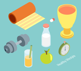 Isometric vector illustration of icons for fitness and diet