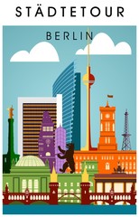 Berlin Poster bunt mit wichtigen Sehenwürdigkeiten hochkant Silhouette Panorama