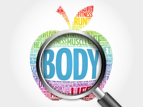 BODY apple word cloud with magnifying glass, health concept
